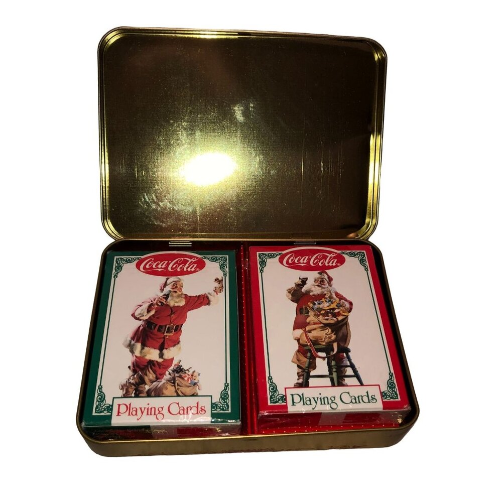 Vtg Coca Cola Playing Cards Santa Claus 1995 Packs Sealed in Tin 2 Packs Xmas